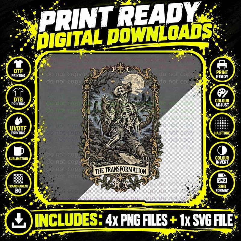 The Transformation Tarot Card Skeleton Werewolf Full Moon 80s Horror T-Shirt Png SVG Digital Bundle