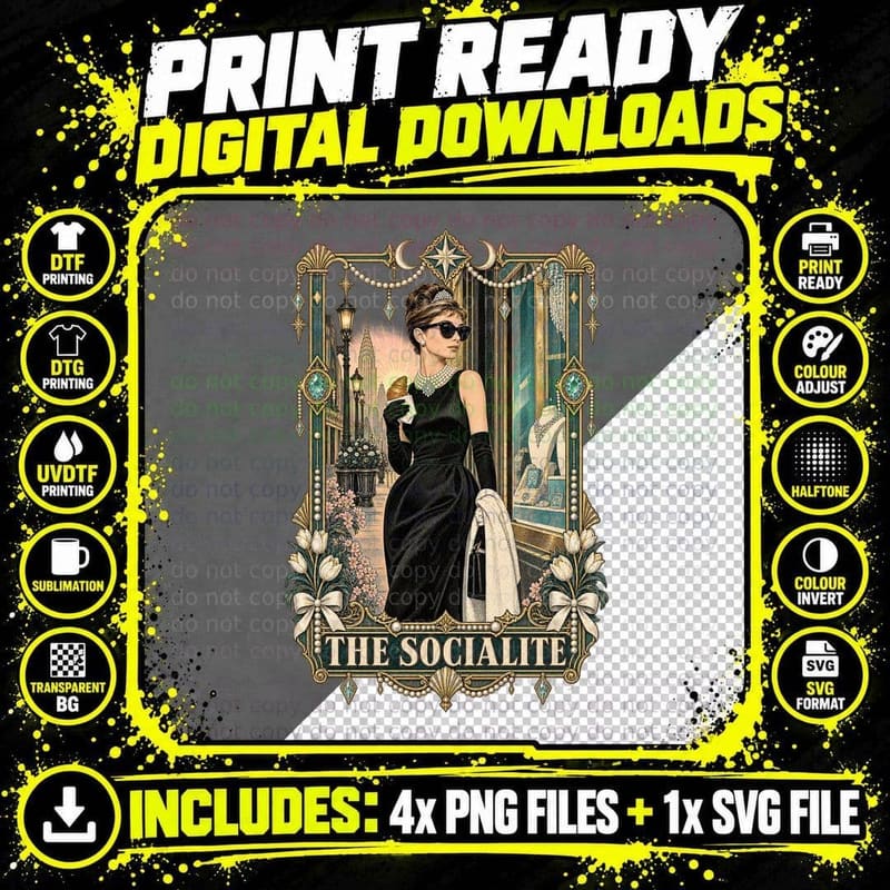 Holly The Socialite Tarot Card Audrey Little Black Dress Pearls 60s T-Shirt Png SVG Digital Bundle