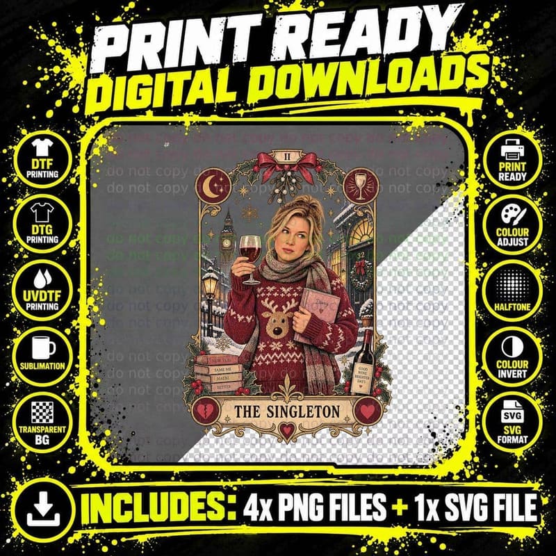 Bridget The Singleton Tarot Card Christmas Reindeer Jumper Wine Romcom T-Shirt Png SVG Digital Bundle