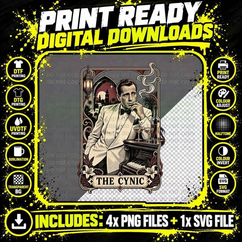 Bogart The Cynic Vintage Tarot Card 40s Film Noir Movie Piano Bar T-Shirt Png SVG Digital Bundle