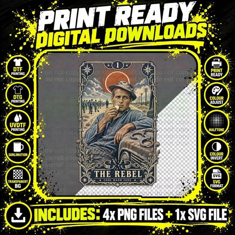 Luke The Rebel Vintage Tarot Card 60s Prison Chain Gang Movie Paul T-Shirt Png SVG Digital Bundle
