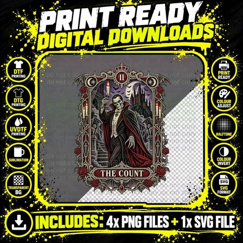 Dracula Tarot Card Vintage Engraving Classic Horror Png SVG Digital Bundle