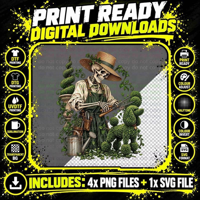 Skeleton Topiary Gardener Gothic Hedge Shears Poodle Vintage Art T-Shirt Png SVG Digital Bundle