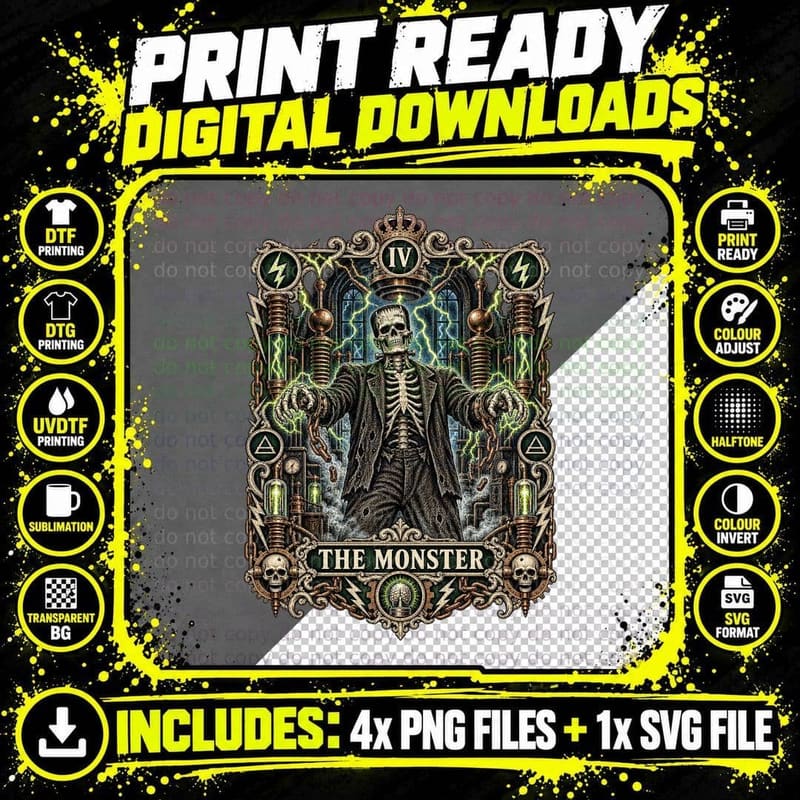 Frankenstein Tarot Card Vintage Engraving Monster Gothic Png SVG Digital Bundle