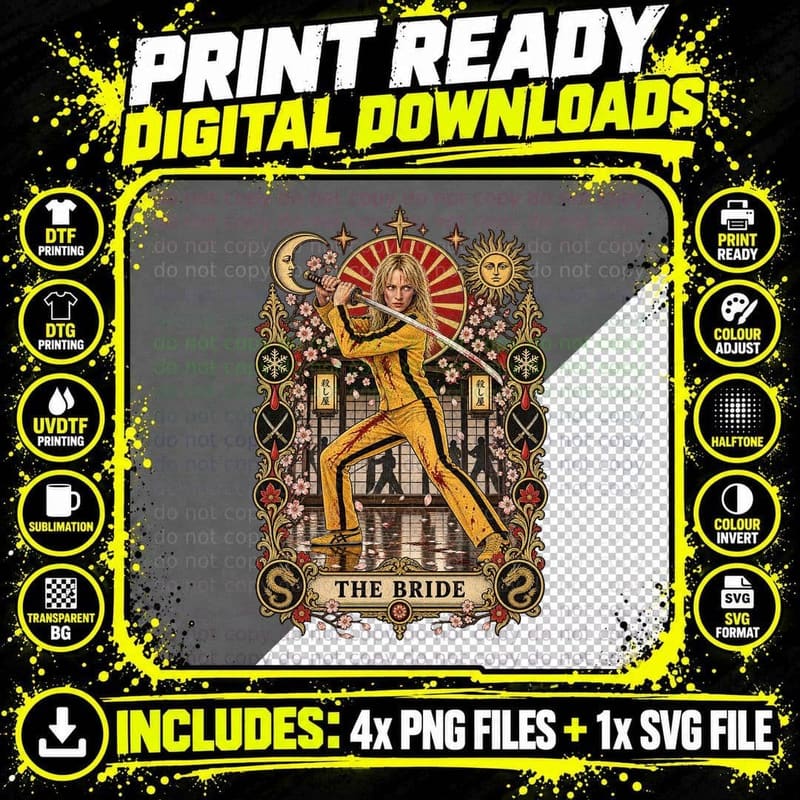 The Bride Vintage Tarot Card Uma Yellow Jumpsuit Samurai Revenge Movie T-Shirt Png SVG Digital Bundle