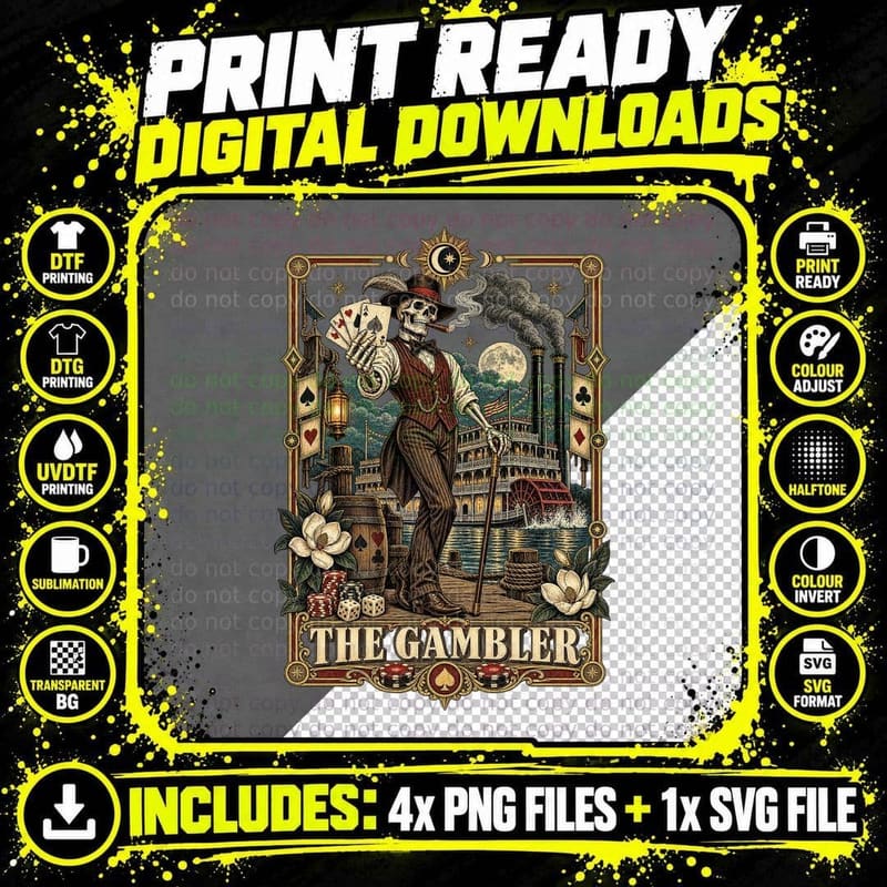 Mississippi Riverboat Gambler Skeleton Vintage Tarot Png SVG Digital Bundle