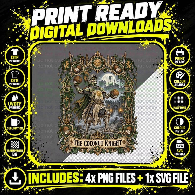 The Coconut Knight Vintage Tarot Card Skeleton Arthurian British Comedy T-Shirt Png SVG Digital Bundle