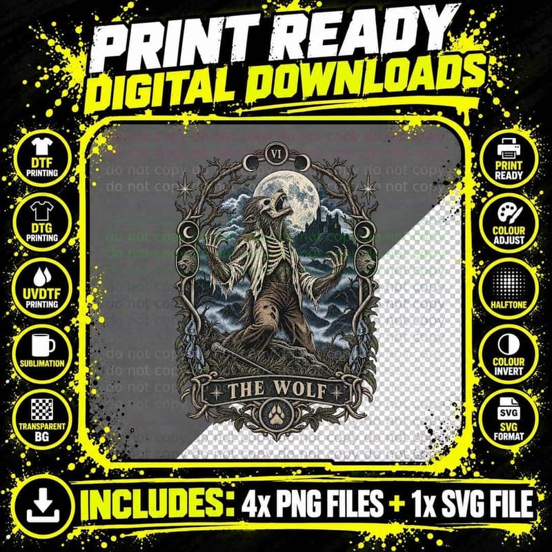 The Wolf Man Tarot Card Vintage Engraving Classic Horror Png SVG Digital Bundle