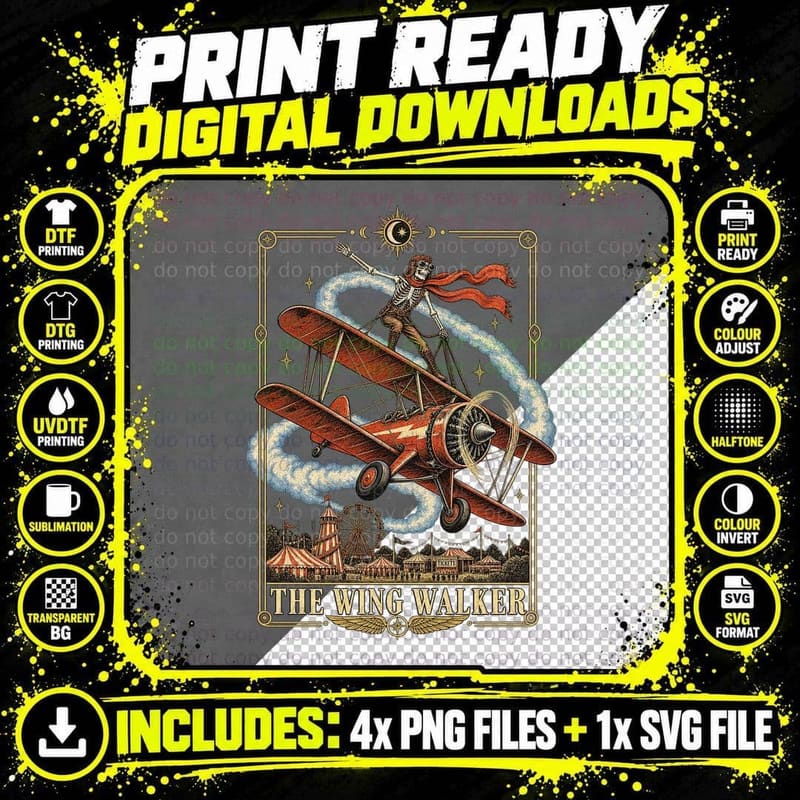 Vintage Aviation Tarot Card Skeleton Wing Walker Png SVG Digital Bundle