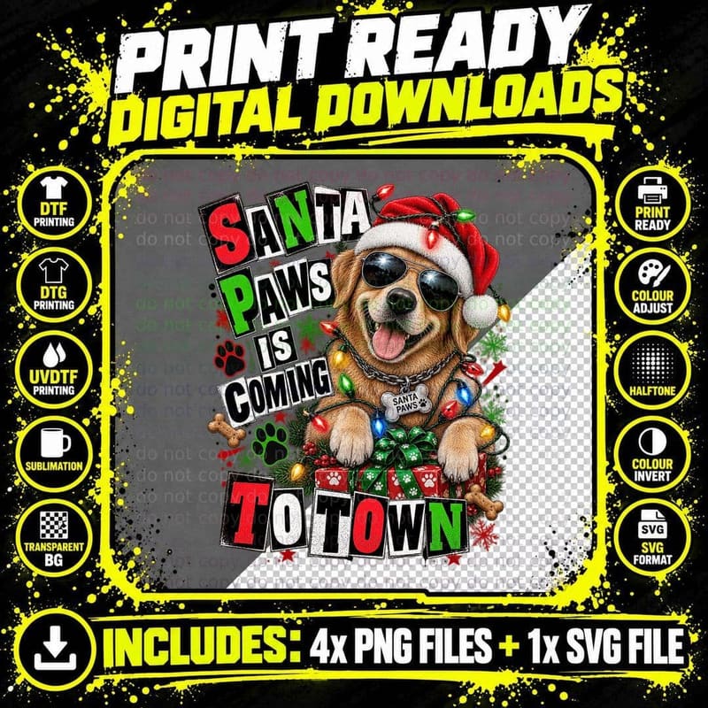 Santa Paws Is Coming To Town Golden Retriever Sunglasses Christmas Dog T-Shirt Png SVG Digital Bundle