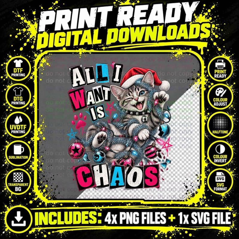 All I Want Is Chaos Punk Kitten Tangled In Tinsel Funny Christmas Cat T-Shirt Png SVG Digital Bundle