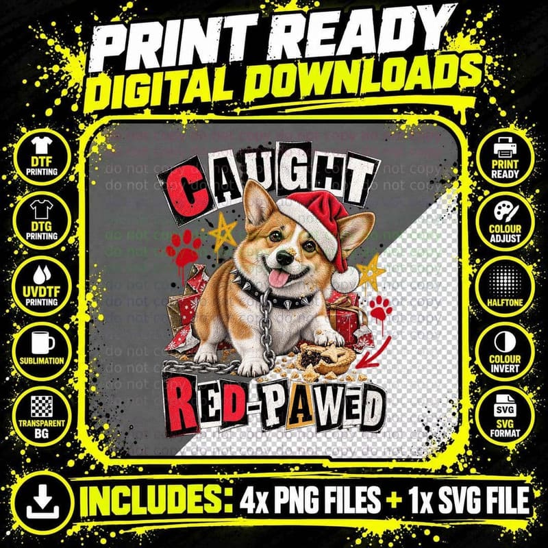 Caught Red Pawed Punk Corgi Santa Hat Stolen Mince Pie Christmas Dog T-Shirt Png SVG Digital Bundle