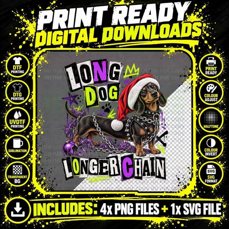 Long Dog Longer Chain Punk Dachshund Santa Hat Funny Sausage Xmas T-Shirt Png SVG Digital Bundle