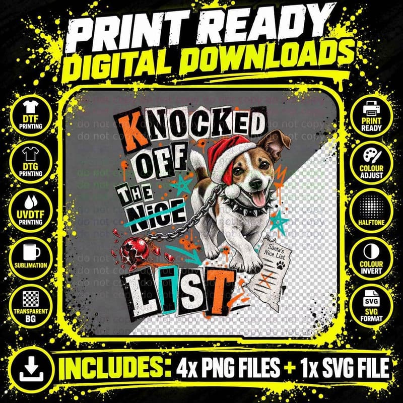 Knocked Off The Nice List Punk Jack Russell Terrier Santa Hat Xmas T-Shirt Png SVG Digital Bundle