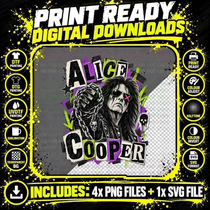 Alice 70s Shock Rock Singer Ransom Note Punk Retro Vintage Skull Chains T-Shirt Png SVG Digital Bundle