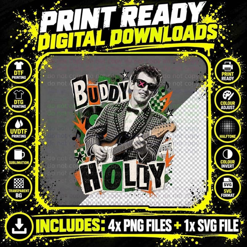 Buddy 50s Rock and Roll Singer Ransom Note Punk Retro Vintage Guitar T-Shirt Png SVG Digital Bundle