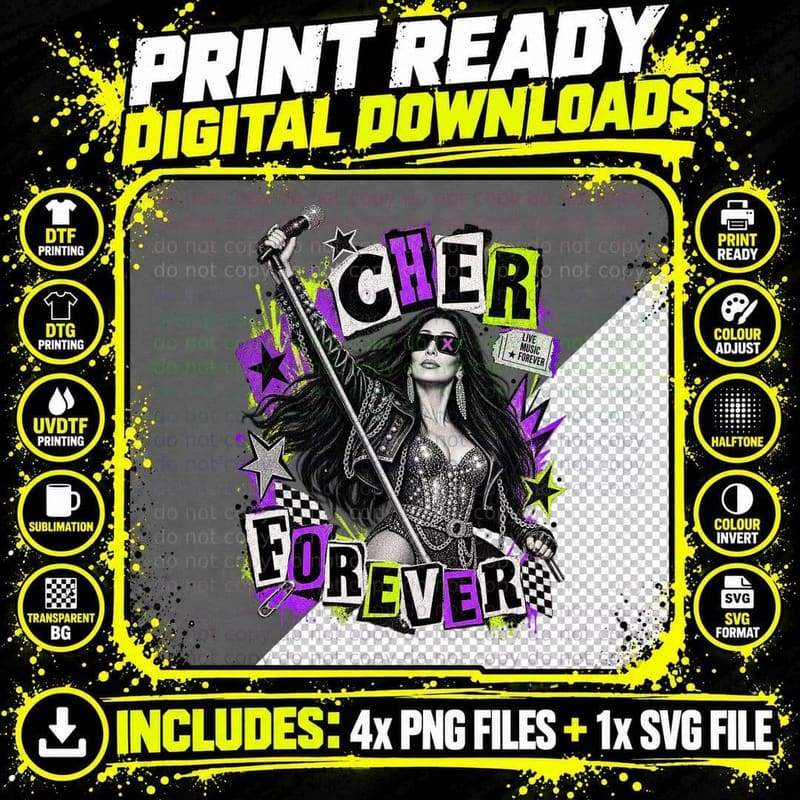Cher Forever 80s Pop Diva Singer Ransom Note Punk Retro Vintage Sequin T-Shirt Png SVG Digital Bundle