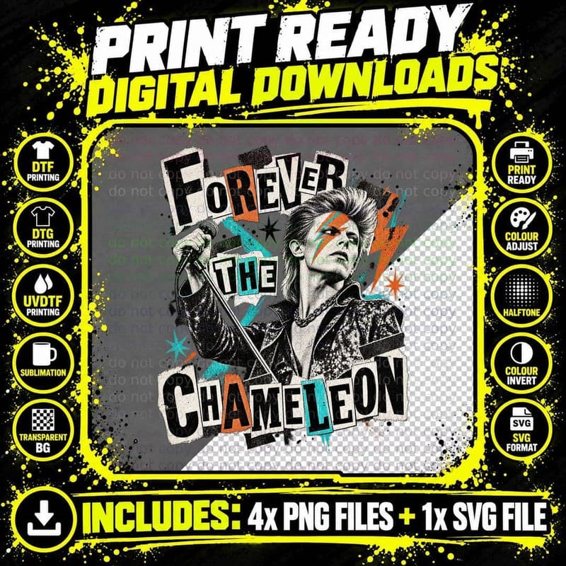 David Forever The Chameleon 70s Glam Rock Lightning Bolt Punk Retro T-Shirt Png SVG Digital Bundle