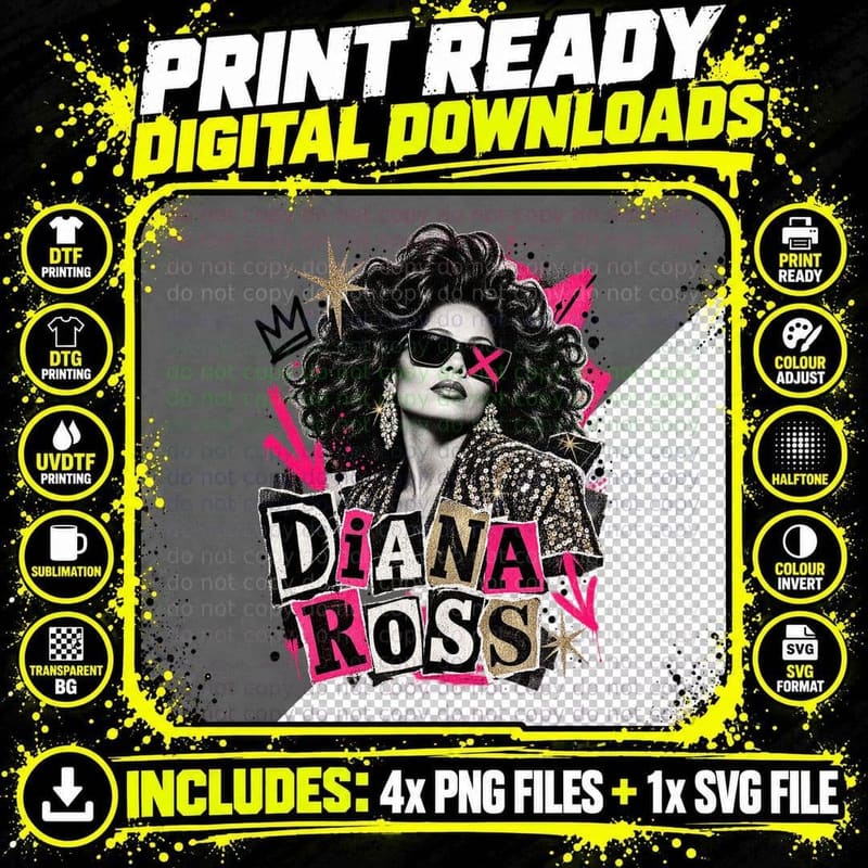 Diana 70s Disco Diva Soul Singer Ransom Note Punk Retro Vintage Big Hair T-Shirt Png SVG Digital Bundle