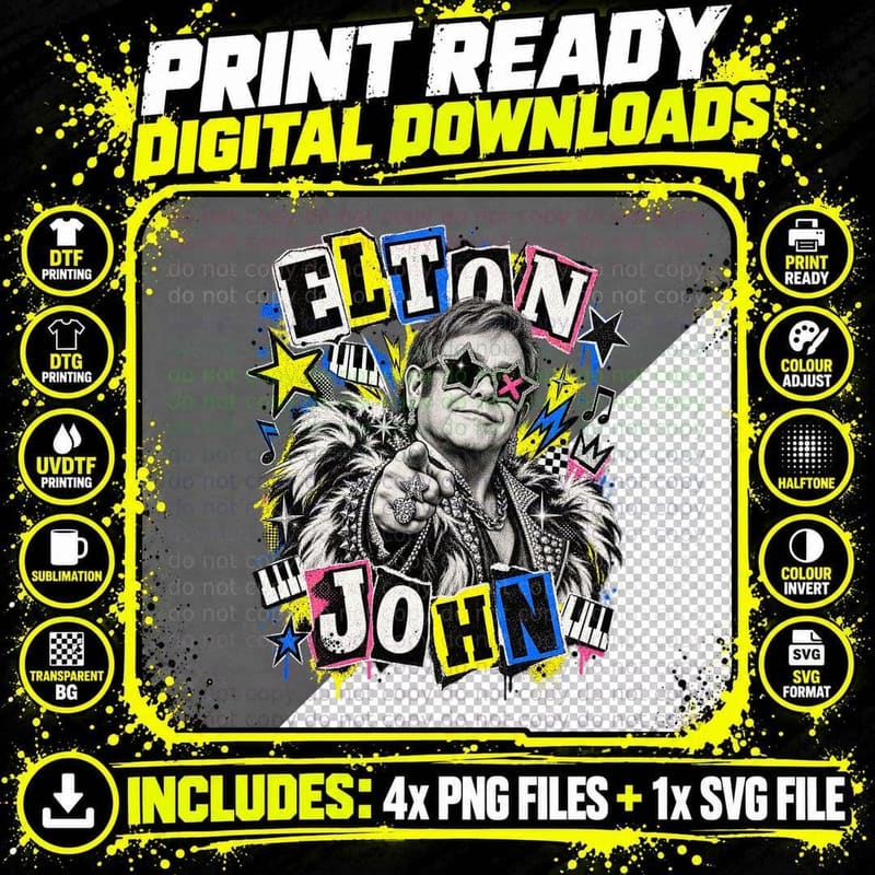 Elton 70s Glam Rock Pianist Ransom Note Punk Retro Vintage Star Glasses T-Shirt Png SVG Digital Bundle