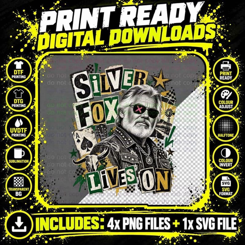 Kenny Rogers Silver Fox Punk Rock Vintage Country Music Png SVG Digital Bundle