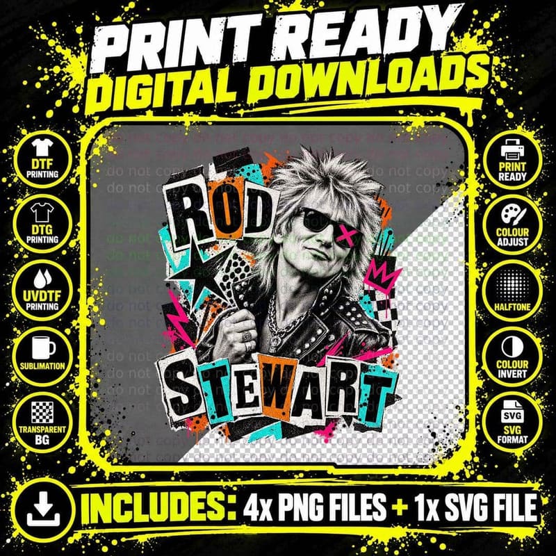 Rod 70s Glam Rock Singer Ransom Note Punk Retro Vintage Spiky Hair T-Shirt Png SVG Digital Bundle