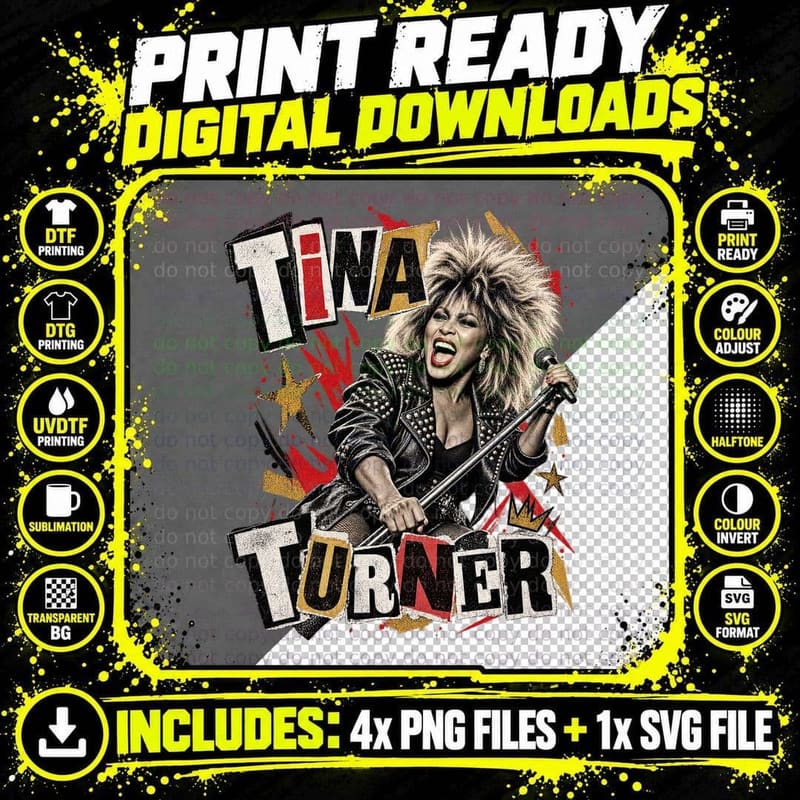 Tina 80s Rock Queen Ransom Note Punk Retro Vintage Leather Big Hair T-Shirt Png SVG Digital Bundle