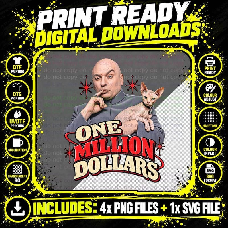 One Million Dollars Dr Evil Pinky to Lip Hairless Sphynx Cat 90s Spoof T-Shirt Png SVG Digital Bundle