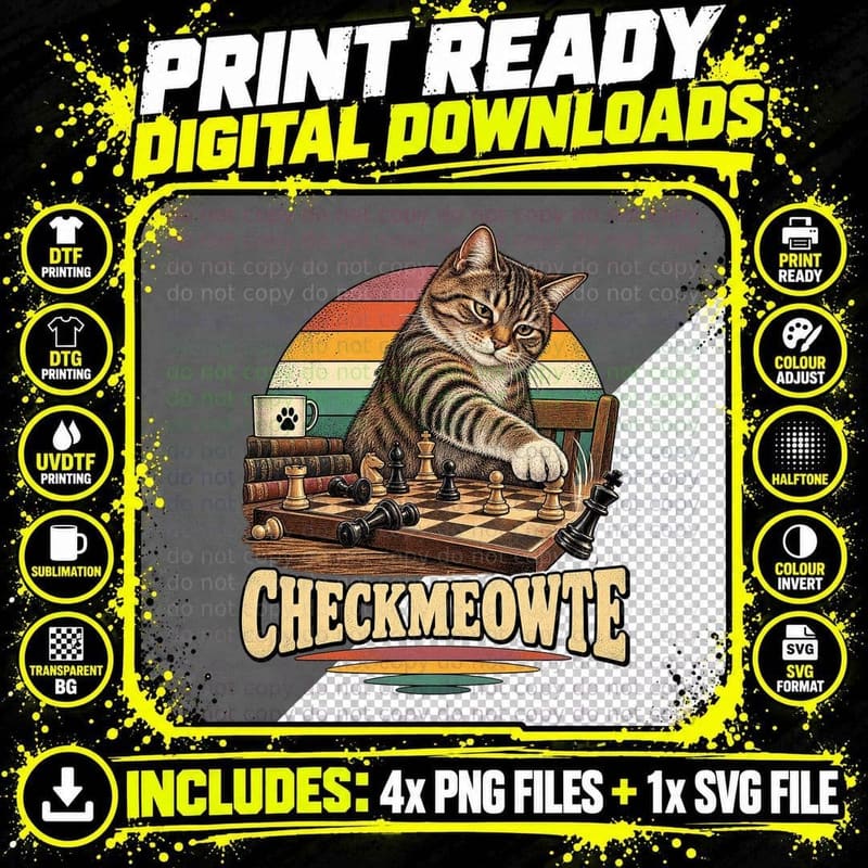 Checkmeowte Tabby Cat Knocking Over Chess Pieces Funny Board Game Retro T-Shirt Png SVG Digital Bundle
