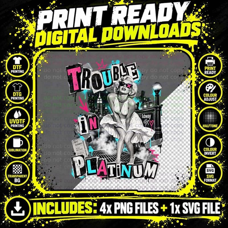 Marilyn Trouble In Platinum Punk Rock Ransom Note White Dress Icon T-Shirt Png SVG Digital Bundle