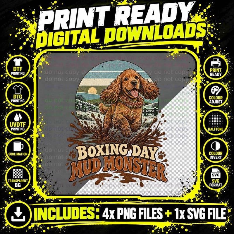 Boxing Day Mud Monster Cocker Spaniel Muddy Walk Funny Dog Lover Retro T-Shirt Png SVG Digital Bundle