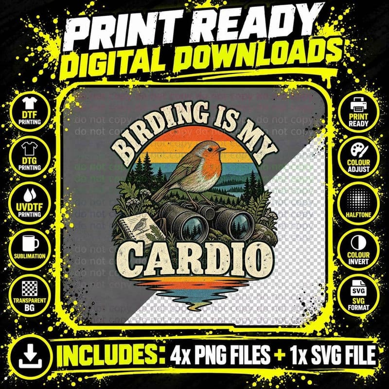 Birding Is My Cardio Robin Binoculars Birdwatching Funny Retro Sunset T-Shirt Png SVG Digital Bundle