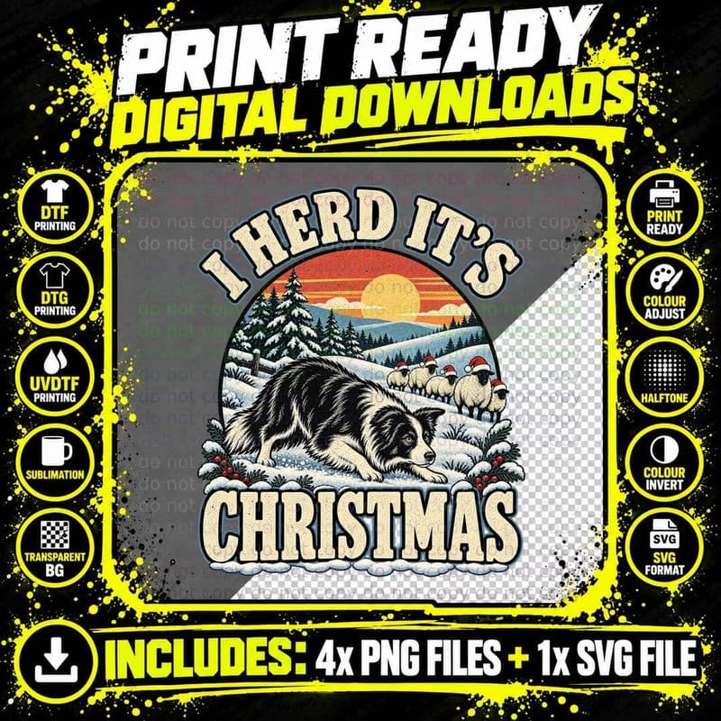 I Herd It's Christmas Border Collie Sheepdog Snow Sheep Funny Farm Retro T-Shirt Png SVG Digital Bundle
