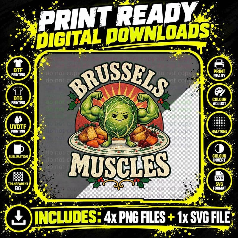 Brussels Muscles Funny Sprout Flexing Christmas Dinner Gym Workout Retro T-Shirt Png SVG Digital Bundle