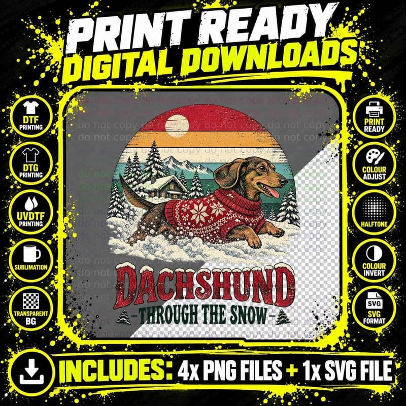 Christmas Dachshund Ugly Sweater Retro Funny Sausage Dog Png SVG Digital Bundle