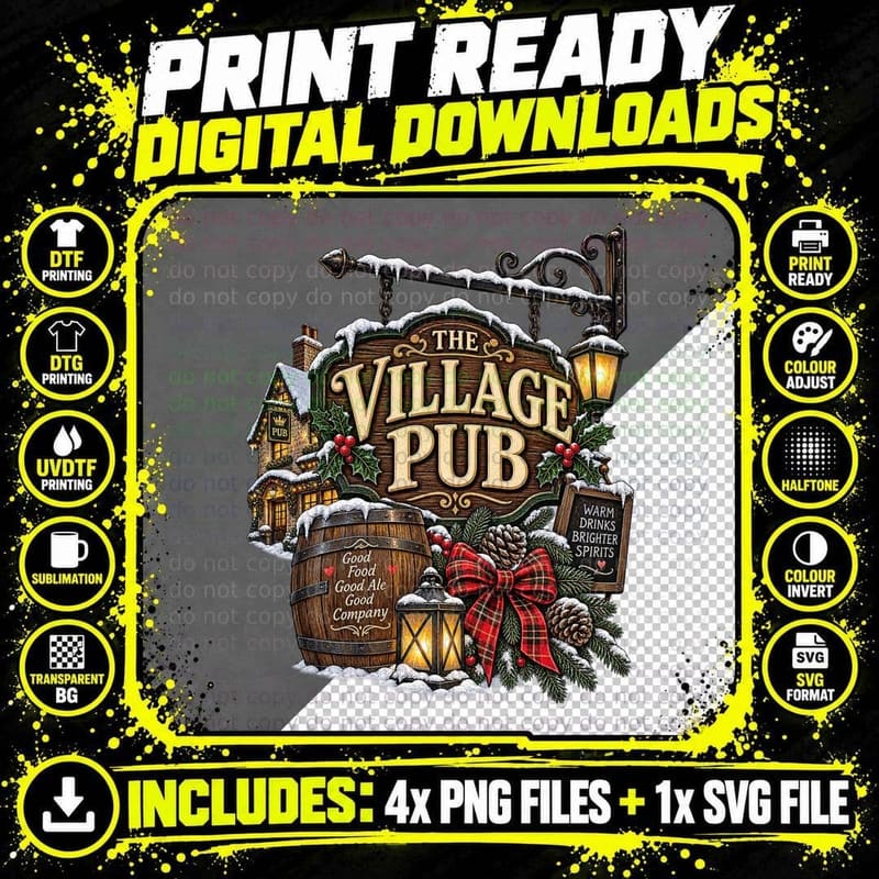 Christmas Eve British Village Pub Snow Spaniel Vintage Png SVG Digital Bundle