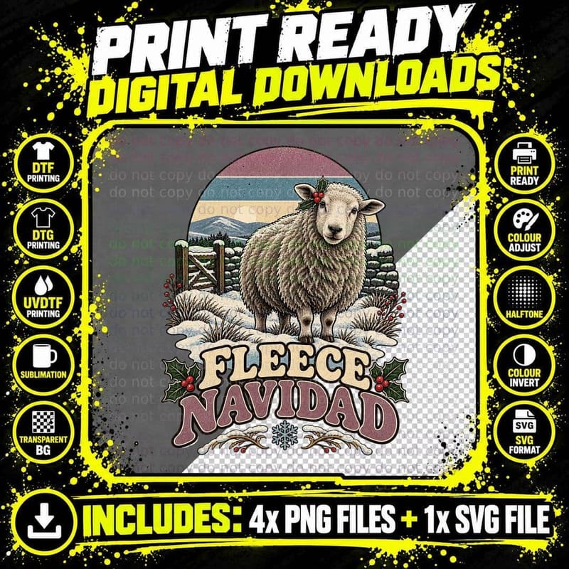 Fleece Navidad Funny Sheep Christmas Snowy Farm Pun Vintage Retro Sunset T-Shirt Png SVG Digital Bundle
