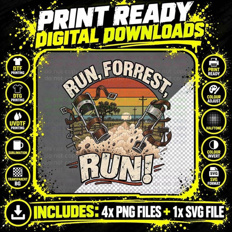 Run Forrest Run Leg Braces 90s Movie Quote Dirt Road Retro Sunset T-Shirt Png SVG Digital Bundle