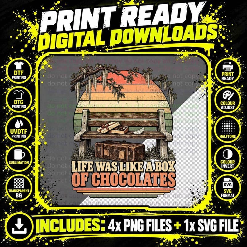Life Was Like A Box Of Chocolates Forrest Bench 90s Movie Quote Retro T-Shirt Png SVG Digital Bundle