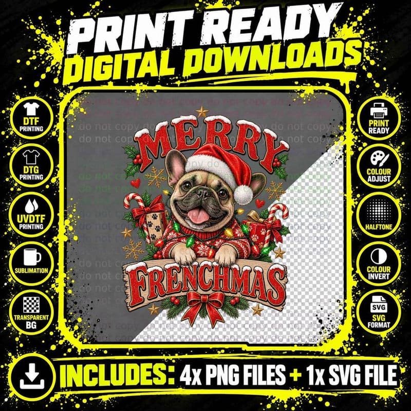 French Bulldog Christmas Retro Merry Frenchmas Funny Dog Png SVG Digital Bundle