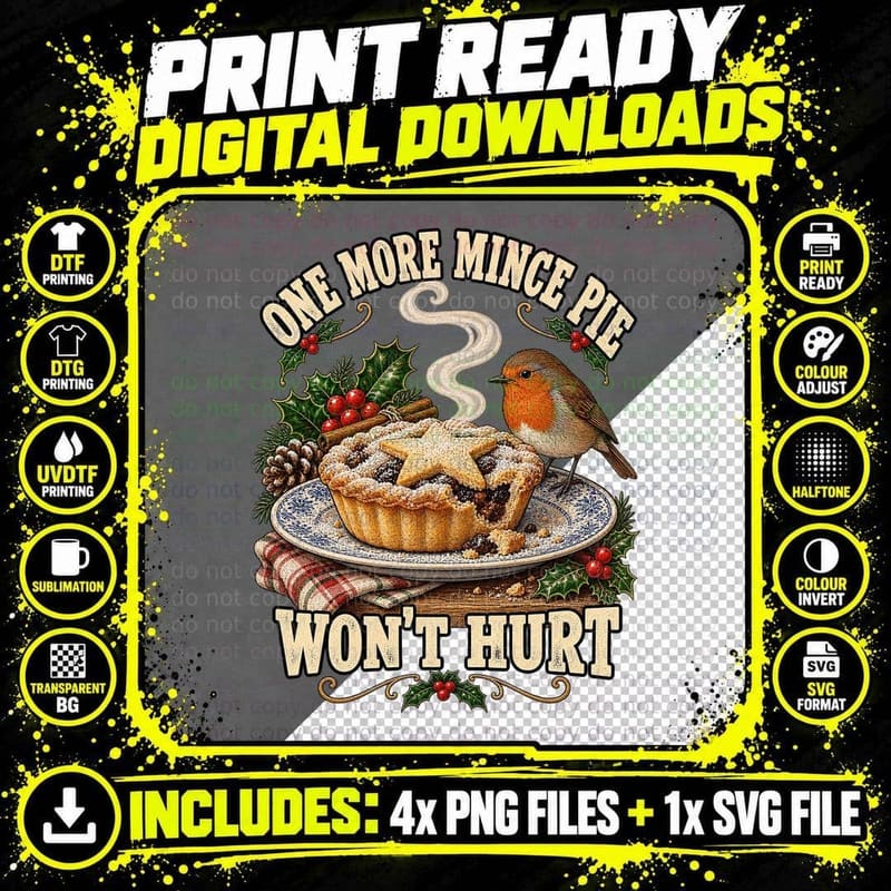One More Mince Pie Won't Hurt Christmas Robin Festive Baking Funny Retro T-Shirt Png SVG Digital Bundle