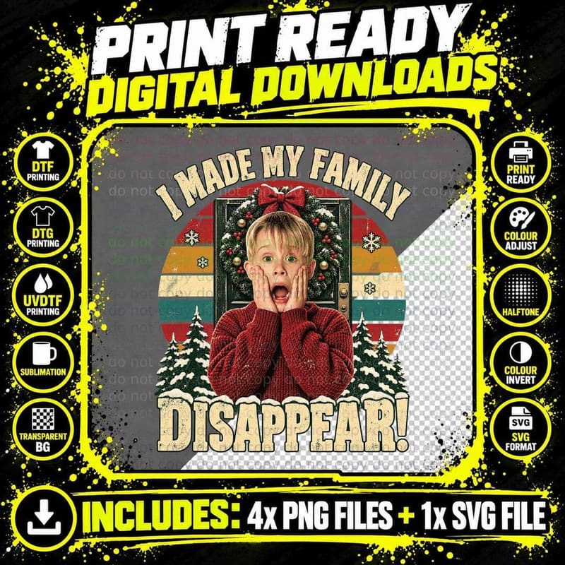 Kevin I Made My Family Disappear Retro Christmas 90s Comedy Movie T-Shirt Png SVG Digital Bundle