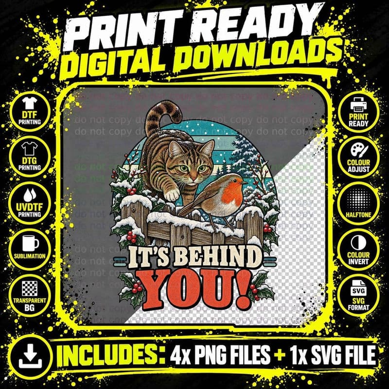 Its Behind You Christmas Tabby Cat Robin Pantomime Retro Png SVG Digital Bundle