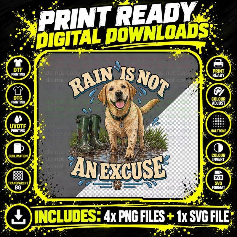 Labrador Retriever Rain Walkies Retro Dog Walking Humour Png SVG Digital Bundle