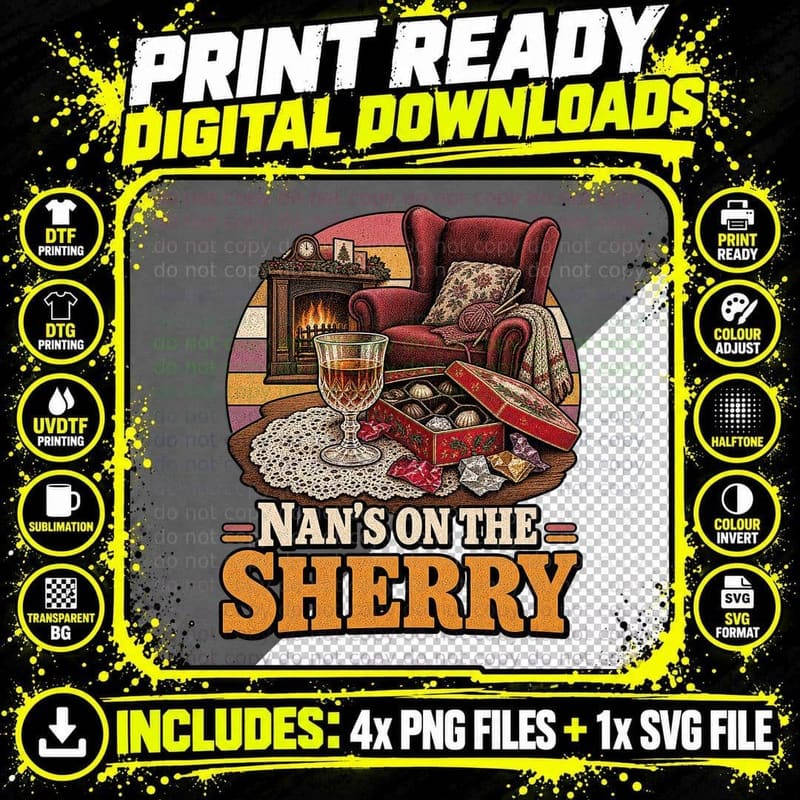 Nan's On The Sherry Funny Christmas Grandma Armchair Chocolates Vintage T-Shirt Png SVG Digital Bundle