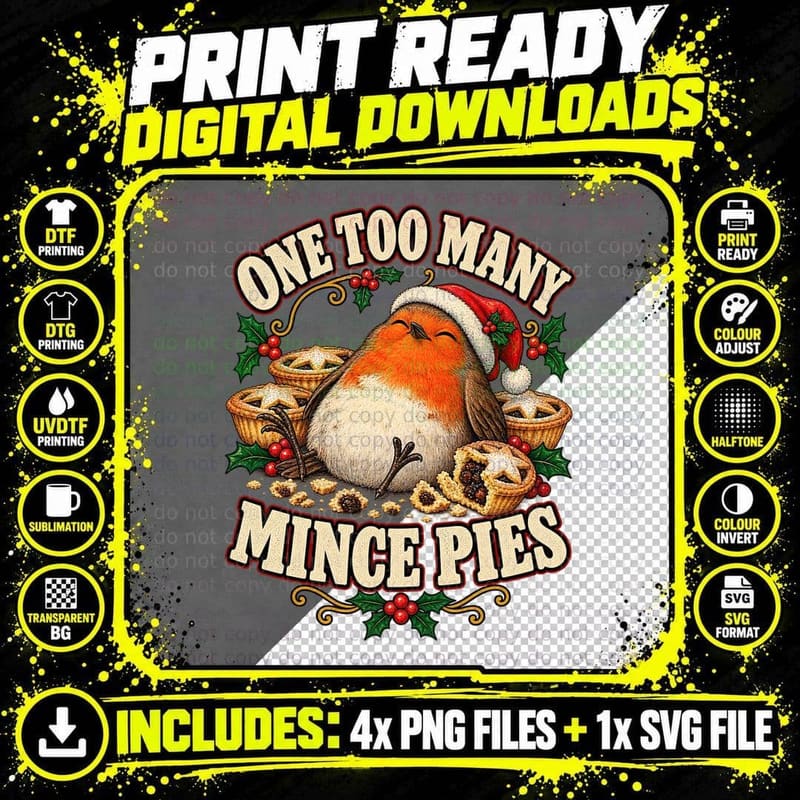 One Too Many Mince Pies Chubby Robin Santa Hat Funny Christmas Bird T-Shirt Png SVG Digital Bundle