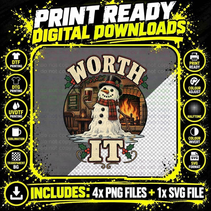 Worth It Melting Snowman Pub Fireside Pint Funny Christmas Beer Lover T-Shirt Png SVG Digital Bundle
