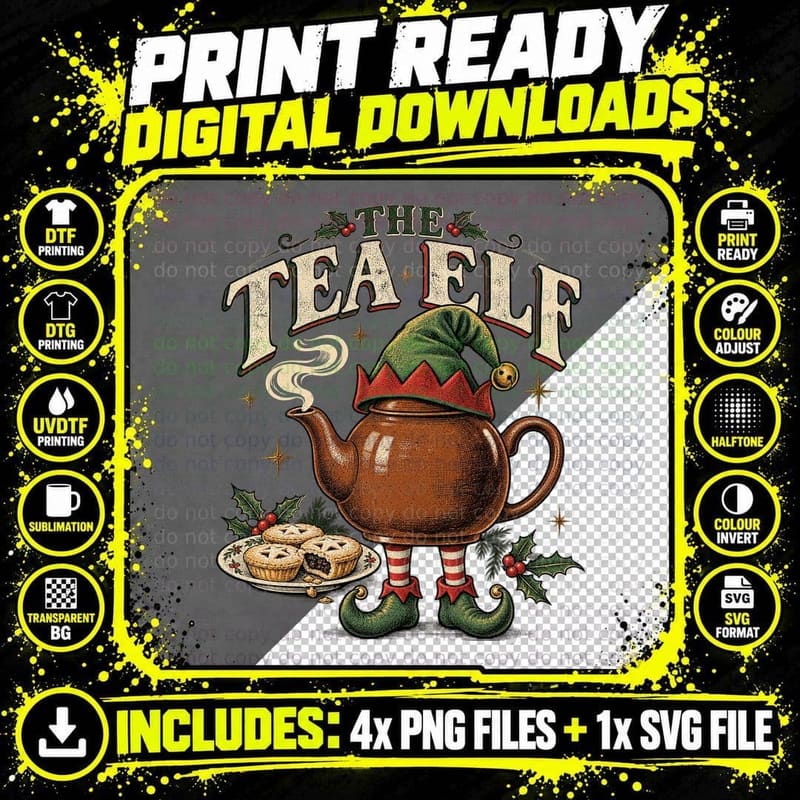 Tea Elf Christmas Vintage Funny British Tea Lover Mince Png SVG Digital Bundle
