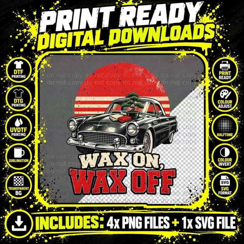 Wax On Wax Off Vintage Car Bonsai Tree Retro Sunset 80s Karate Movie T-Shirt Png SVG Digital Bundle