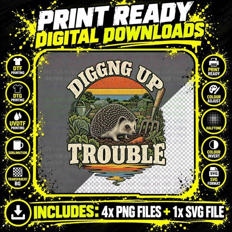 Digging Up Trouble Hedgehog Allotment Garden Fork Funny Gardener Retro T-Shirt Png SVG Digital Bundle